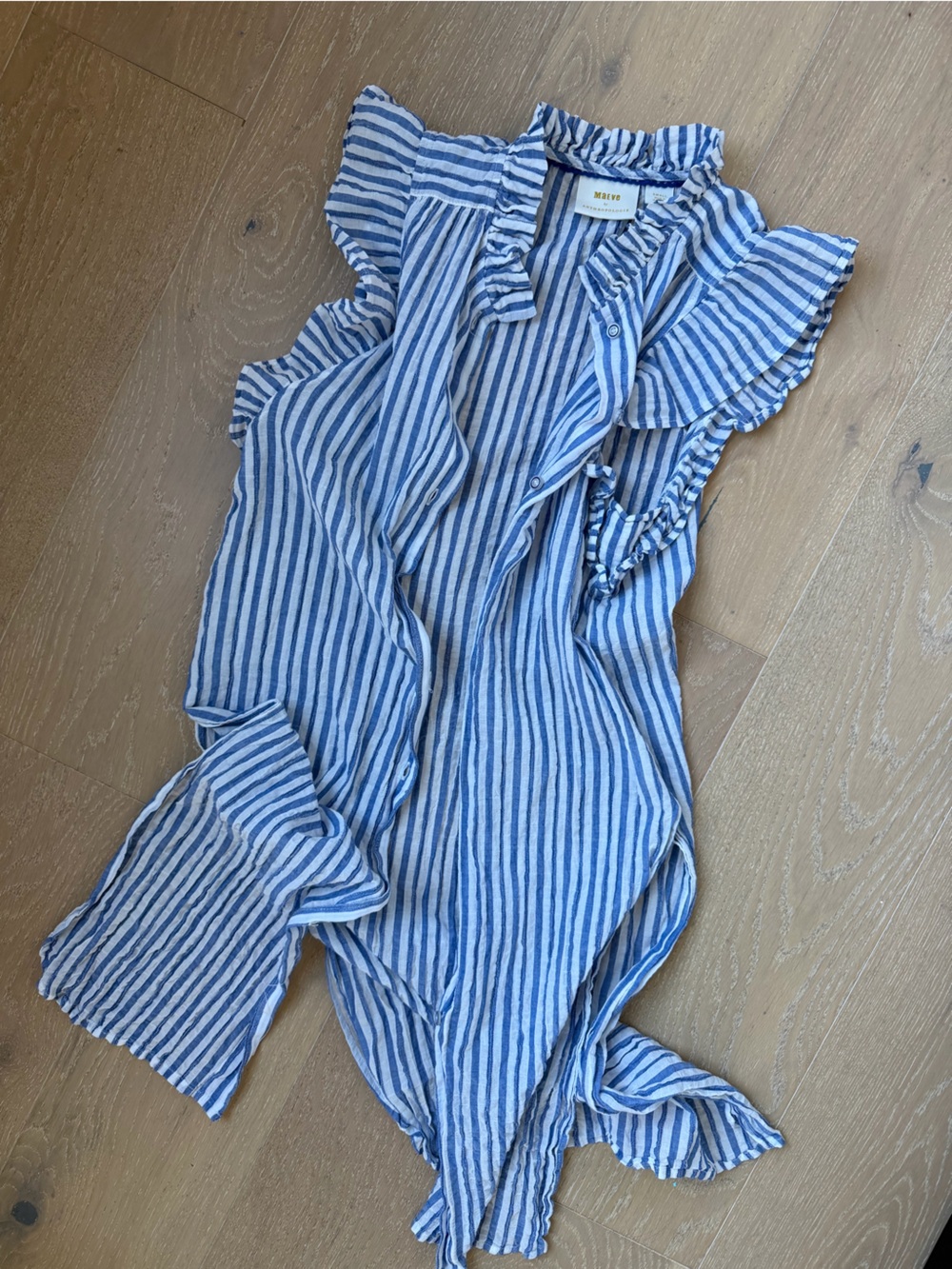 Maeve Blue and White Striped Ruffle Tank Shirt Dress